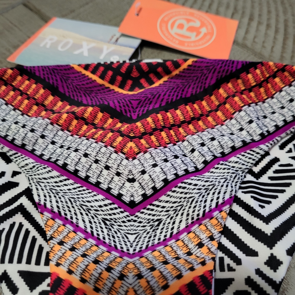 Roxy Black & White Tribal Swimwear Bottoms with Pink and Orange Accents - Picture 2 of 6